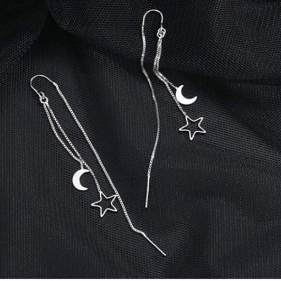 925 Silver Moon Star Threader Drop Dangle Earrings - Picture 3 of 3